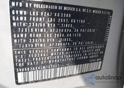 2018 Volkswagen Tiguan 2.0T Sel Premium from USA, damaged, VIN 3VV5B7AX4JM102051